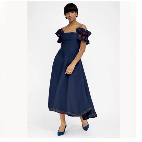 FANM MON‎ Alanya 100% Linen Embroidered Dress Off The Shoulder Navy Small New - Picture 1 of 15